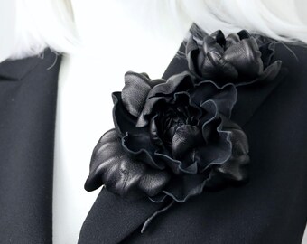 Black Leather Magnolia Brooch, Large Flower Pin with Bud, Handmade Botanical Jewelry