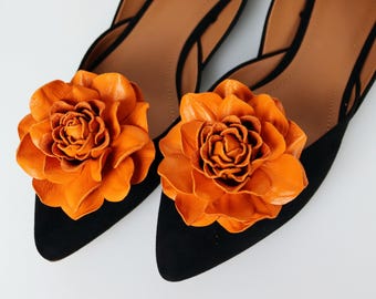 Orange Leather Rose Shoe Clips: Floral Shoe Accessories (Set)