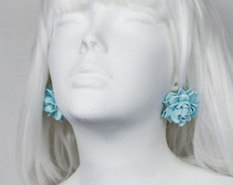 Baby Blue Leather Rose Earrings: Handmade Floral Jewelry