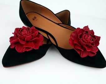 Red Leather Rose Flower Shoe Clips (set), Genuine Leather Shoe Accessories, Fantasy Floral clips
