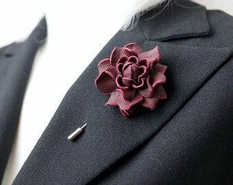 Dark red Leather Rose Flower Men's Lapel Pin. Rose Flower Brooch. Flower Lapel Pin. Boutonniere Lapel Pin. Wedding Boutonniere.