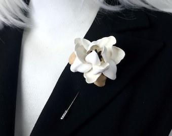 Ivory Leather Magnolia Lapel Pin, Handmade Floral Boutonniere, Botanical Jacket Accessory