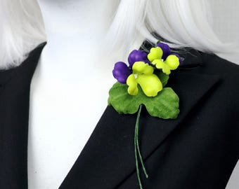 Purple Green Leather Pansy Brooch, Botanical Flower Pin, Artistic Floral Accessory