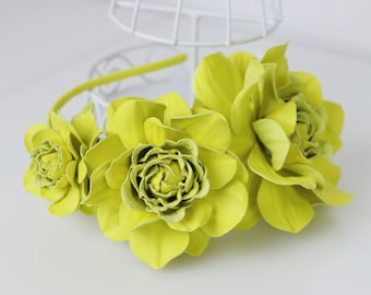 Yellow Leather Rose Headband: Floral Fascinator Hair Accessory