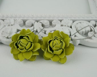Yellow Leather Rose Earrings: 1.5'' Floral Dangle Earrings