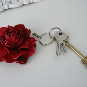 3'' (7 cm) Red Leather Rose Keychain, Leather Floral accessories