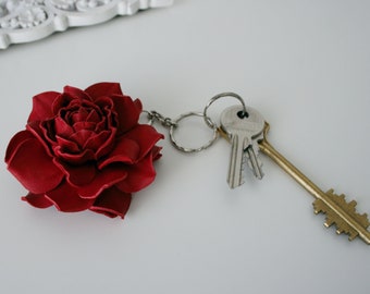 3'' (7 cm) Red Leather Rose Keychain, Leather Floral accessories