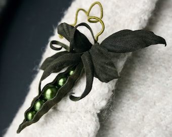 Khaki Green Pea Pod Leather Brooch Peapod Green pea