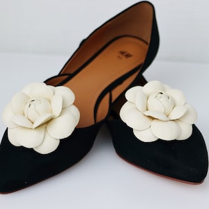 Ivory Leather Camellia Flower Shoe Clips (set), Real Leather Shoes Accessories