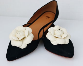 Ivory Leather Camellia Flower Shoe Clips (set), Real Leather Shoes Accessories