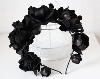 Black leather rose headband - Made to Order