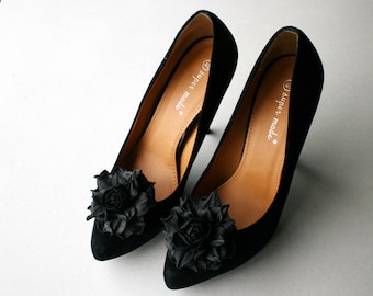 Black Leather Flower Shoe Clips