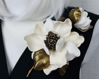 Ivory & Gold Leather Magnolia Flower Brooch: Floral Pin/Hairclip