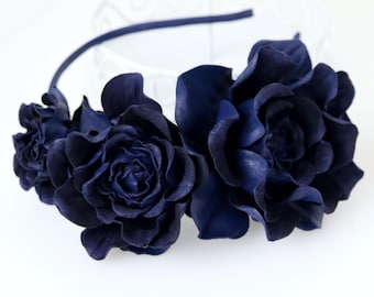 Blue Leather Roses Headband: Genuine Leather Fascinator