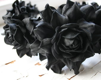 Black leather rose headband - Made to Order