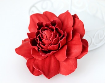 Red Leather Rose Flower Brooch