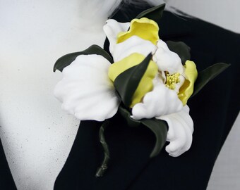 Yellow and Ivory Leather Iris Brooch, Handmade Flower Pin, Botanical Leather Accessory
