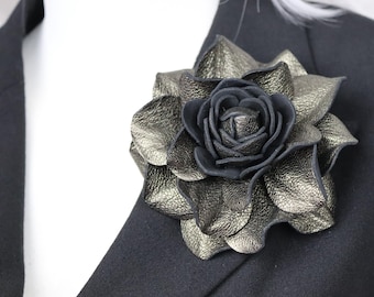 Dark Metallic Leather Rose Brooch: Floral Pin, Hair Clip (4 inch)