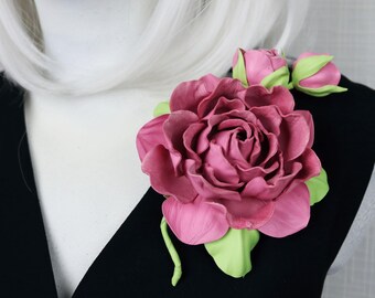 Pink Leather Rose Brooch: Handmade Flower Pin with Soft Green Leaves
