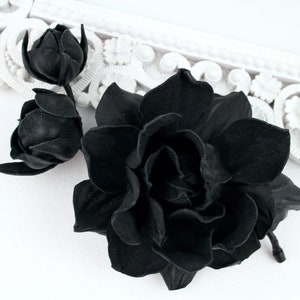 Black Leather Rose Flower Brooch, Leather Rose Pin/Hairclip, Black Flower, Leather Flower, Floral Brunch image 3