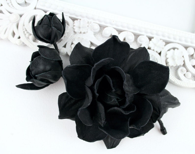 Black Leather Rose Flower Brooch, Leather Rose Pin/Hairclip, Black Flower, Leather Flower, Floral Brunch image 3