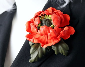 Orange Leder Mohnblume Brosche/Haarspange, Stilvolle Blumennadel, Fantasie Blumenbrosche