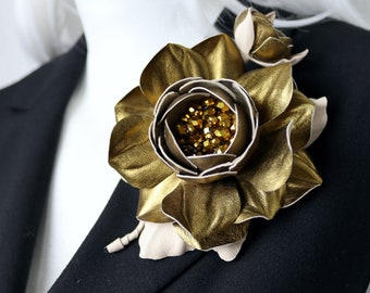 Dark Gold/Beige Leather Rose Flower Brooch, Leather Rose Pin/Hairclip,  Leather Flower, Floral Brunch