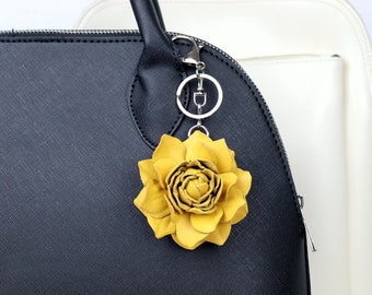 3'' (7 cm) Yellow Leather Rose Keychain / Purse Charm, Leather Floral accessories