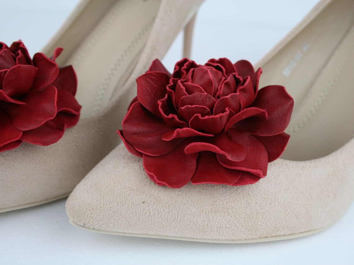 Red Leather Rose Flower Shoe Clips set Genuine Leather Shoe Etsy