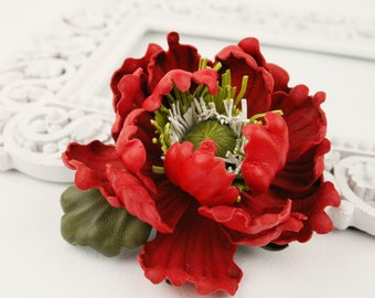 Red Leather Poppy Flower Brooch/Hair Clip, Stylish Floral Pin, Fantasy Flower Brooch