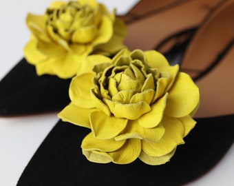 Yellow Leather Rose Flower Shoe Clips (set), Genuine Leather Shoe Accessories, Fantasy Floral clips