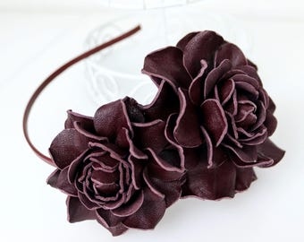 Leather rose headband – handmade / dark red