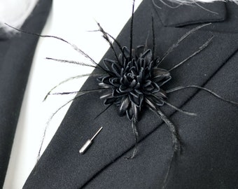 Black Leather Dahlia Men's Lapel Pin.  Flower Brooch. Floral Lapel Pin. Boutonniere Lapel Pin. Wedding Boutonniere.