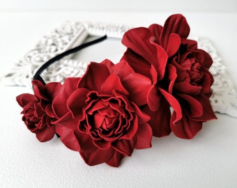 Red Leather Roses Headband, Genuine Leather Hair Accessories, Red Fascinator