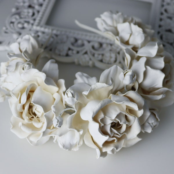 Ivory leather rose headband - Made to Order