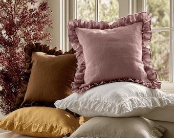 Funda de almohada con volantes de lino lavado, funda de cojín estilo casa de campo francesa, decoración de ropa de cama rústica.