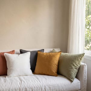 May include: A collection of five square throw pillows arranged on a white sofa. The pillows feature solid colors including white, terracotta, charcoal gray, mustard yellow, and olive green, each with a visible seam detail along the center or edges.