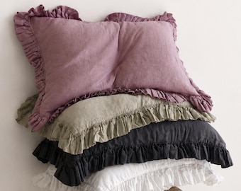 Soft Linen Ruffle Pillow Cover, French Farmhouse Cushion Sham, Frilled Pillow Cover, Cottage Bedding Decor