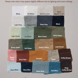 May include: A grid of twenty-eight square linen fabric swatches arranged in rows, each labeled with its color name including White, Off White, Natural Linen, Deep Natural Linen, Light Gray, Classic Gray, Deep Gray, Black, Light Green, Ice Green, Moss Green, Olive Green, Dusty Green, Ink Green, Earthy Yellow, Latte Brown, Blush Pink, Brick Red, Caramel, Taupe, Coffee Brown, Aqua Blue, Navy Blue, Stone Blue, Teal Blue, and Deep Coffee Brown, with the text Color Samples and Linen Anthology.