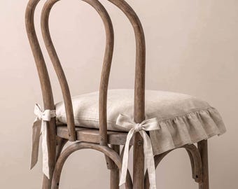 Funda de cojín para silla de lino natural con volantes, funda de cojín para asiento de comedor de estilo rústico francés de lino con lazos, funda de cojín para silla con volantes personalizada