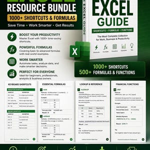 Könnte beinhalten: Ein umfassender Excel-Leitfaden und Ressourcenpaket. Das Cover zeigt den Titel "The Ultimate Excel Guide" und "1000+ Shortcuts & Formeln". Der Leitfaden verspricht, Zeit zu sparen, intelligenter zu arbeiten und Ergebnisse zu erzielen. Er enthält Tastenkombinationen, wichtige Formeln und Finanzfunktionen.