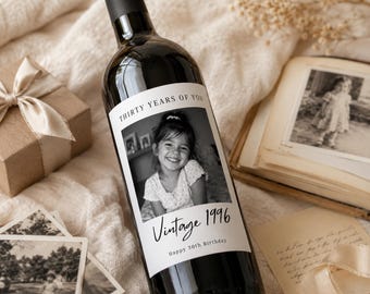 Personalized Photo Wine Label, Vintage Birthday Sticker, Milestone Celebration Favor