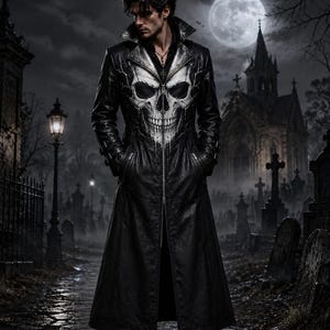 Gothic Skull Trench Coat, Black Leather Long Coat, Punk Goth Jacket, Halloween Costume, Dark Aesthetic, Men's Gothic Outerwear