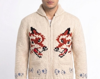 Vintage Fox Knit Cardigan, Hand Knit Wool Sweater, Chunky Cowichan Style Jacket, Big Lebowski Style Sweater, Cozy Winter Gift for Him