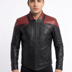 Giacca da uomo in pelle nera e bordeaux di alta qualità, ispirata a Star Trek / Capospalla per cosplay di supereroi fantascientifici