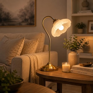 Gold Metal Table Lamp, Frosted Glass Petal Shade, Vintage Bedside Accent Light