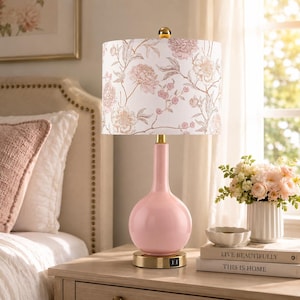 Pink Ceramic Table Lamp, Floral Linen Shade, Touch Dimmable Bedside Light, Dual USB Ports