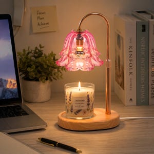 Rosa ljusvärmare i glas, justerbar höjd, timer, dimmer, heminredning