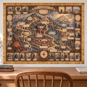 May include: A rectangular wall poster titled Map of the Pilgrim's Way, featuring a detailed illustrated path winding through various landscapes from the City of Destruction to the Celestial City, surrounded by a border of small vignettes.