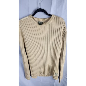 Eddie Bauer Vintage 90s Men Heavy Cotton Ribbed Sweater Tan Shoulder Patch L